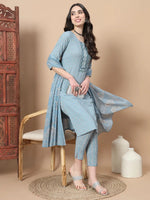 Thumbnail for Yufta Blue Ethnic Motifs,Thread_Work Straight Kurta Trouser And Dupatta Set