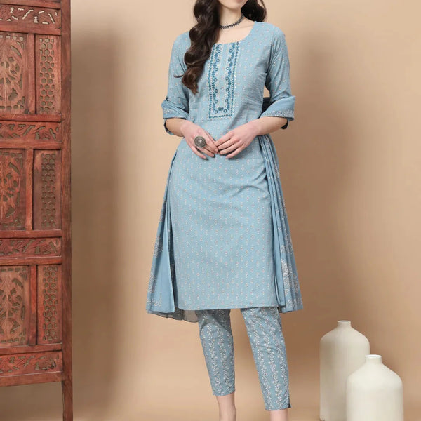 Yufta Blue Ethnic Motifs,Thread_Work Straight Kurta Trouser And Dupatta Set - Distacart