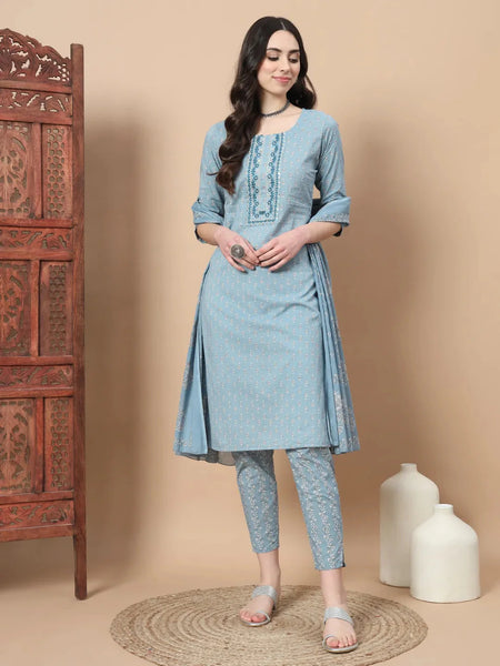 Yufta Blue Ethnic Motifs,Thread_Work Straight Kurta Trouser And Dupatta Set