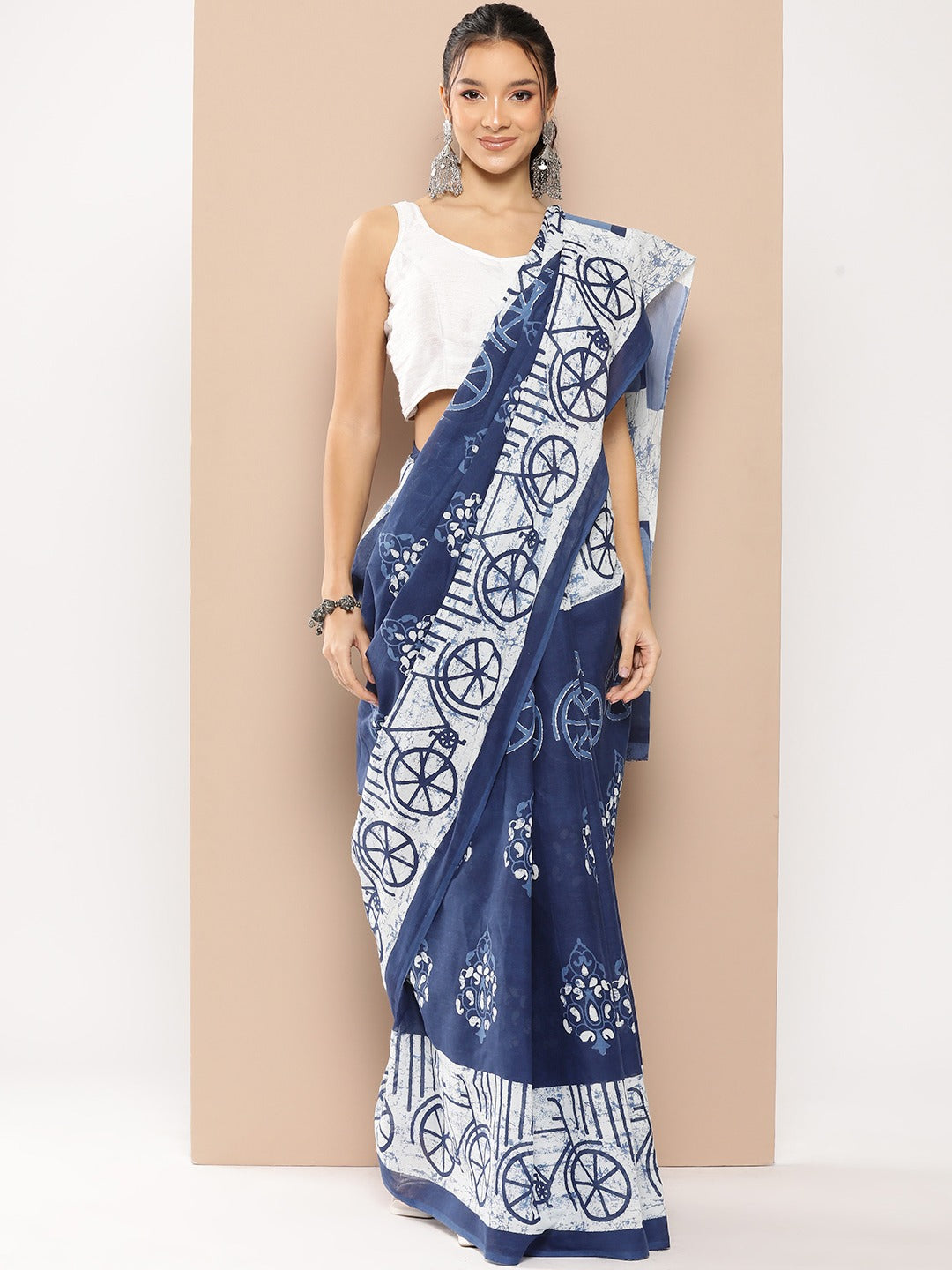 Yufta Blue Ethnic motifs Mulmul Cotton Sarees With Unstitched Blouse - Distacart