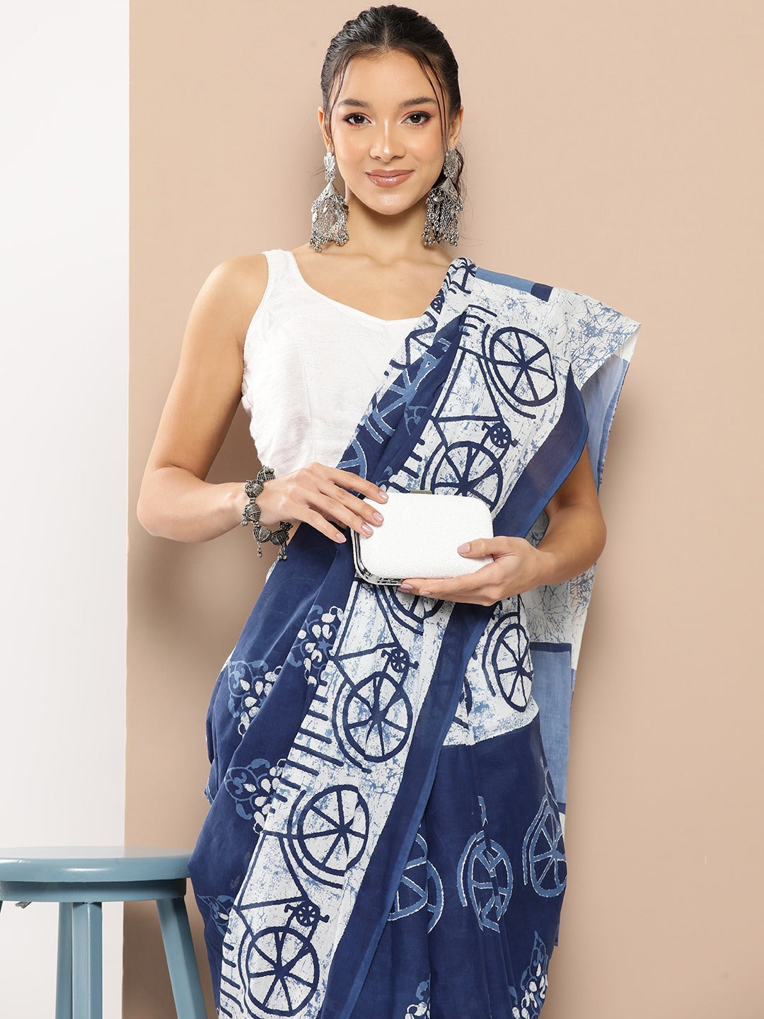 Yufta Blue Ethnic motifs Mulmul Cotton Sarees With Unstitched Blouse - Distacart
