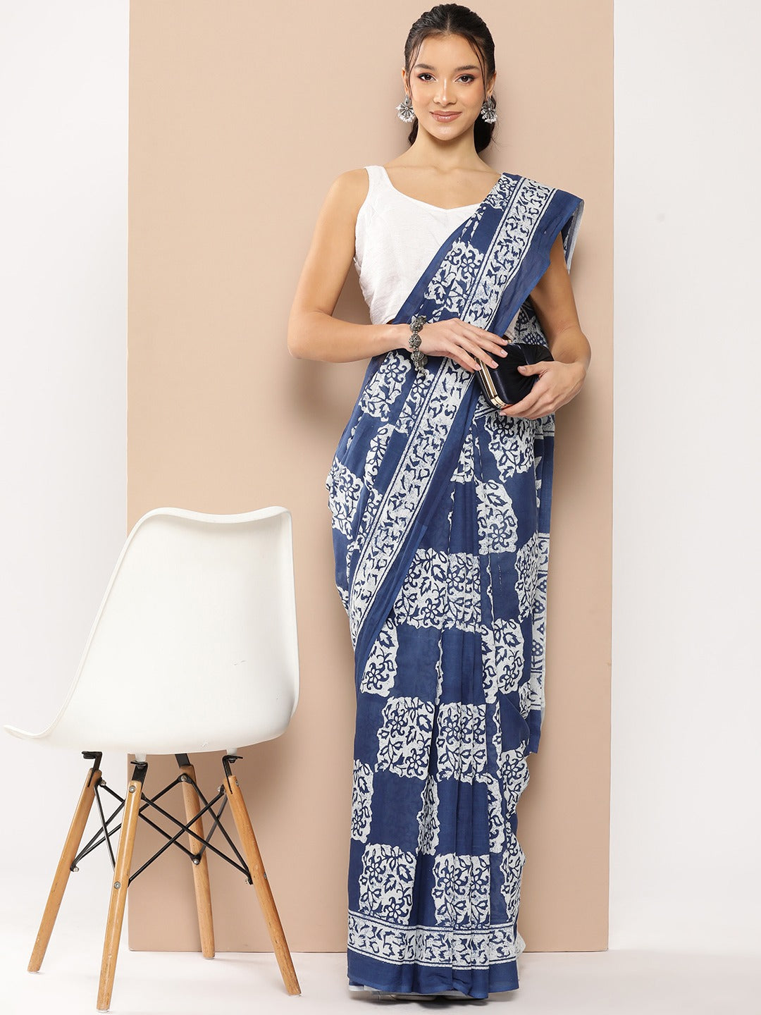 Yufta Blue Ethnic motifs Mulmul Cotton Sarees With Unstitched Blouse - Distacart