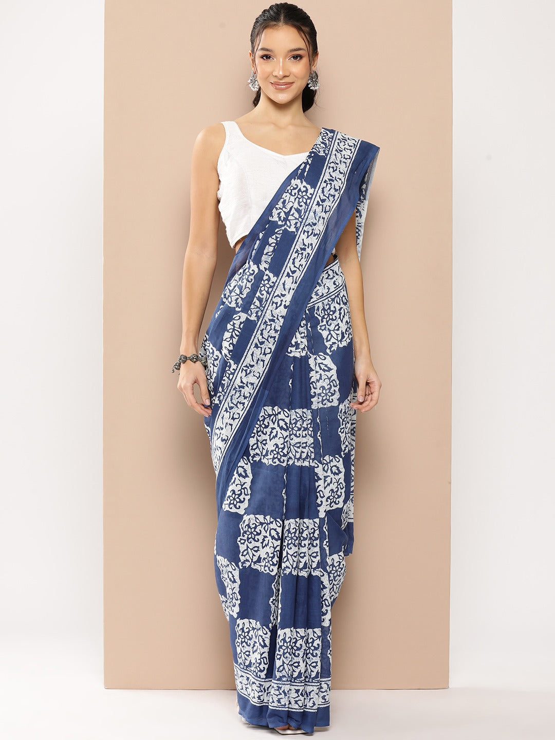 Yufta Blue Ethnic motifs Mulmul Cotton Sarees With Unstitched Blouse - Distacart