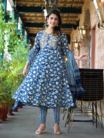 Thumbnail for Yufta Blue Floral Dori_Embroidery Kurta Trouser With Dupatta Set - Distacart
