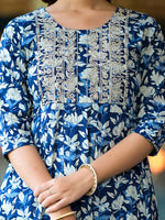 Thumbnail for Yufta Blue Floral Dori_Embroidery Kurta Trouser With Dupatta Set - Distacart