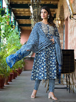 Thumbnail for Yufta Blue Floral Dori_Embroidery Kurta Trouser With Dupatta Set - Distacart