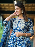 Thumbnail for Yufta Blue Floral Dori_Embroidery Kurta Trouser With Dupatta Set - Distacart