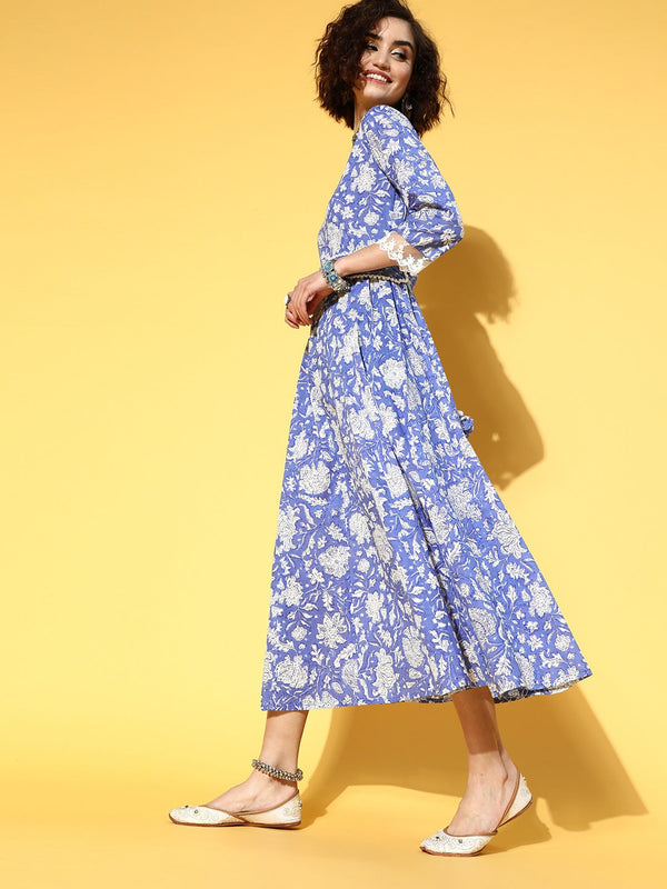 Yufta Blue Floral Ethnic Dress - Distacart