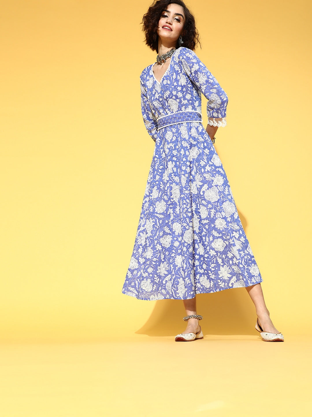 Yufta Blue Floral Ethnic Dress - Distacart