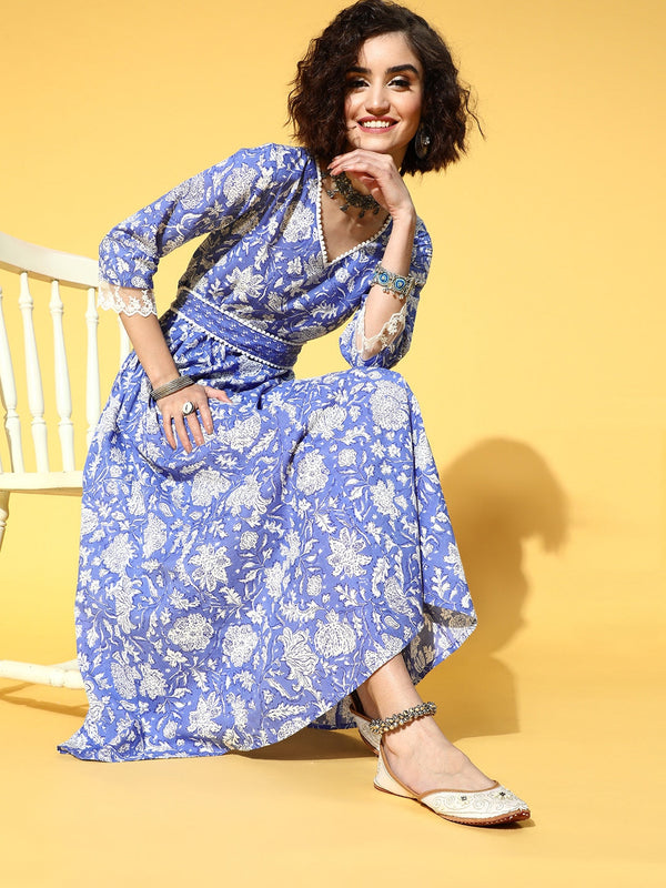 Yufta Blue Floral Ethnic Dress - Distacart