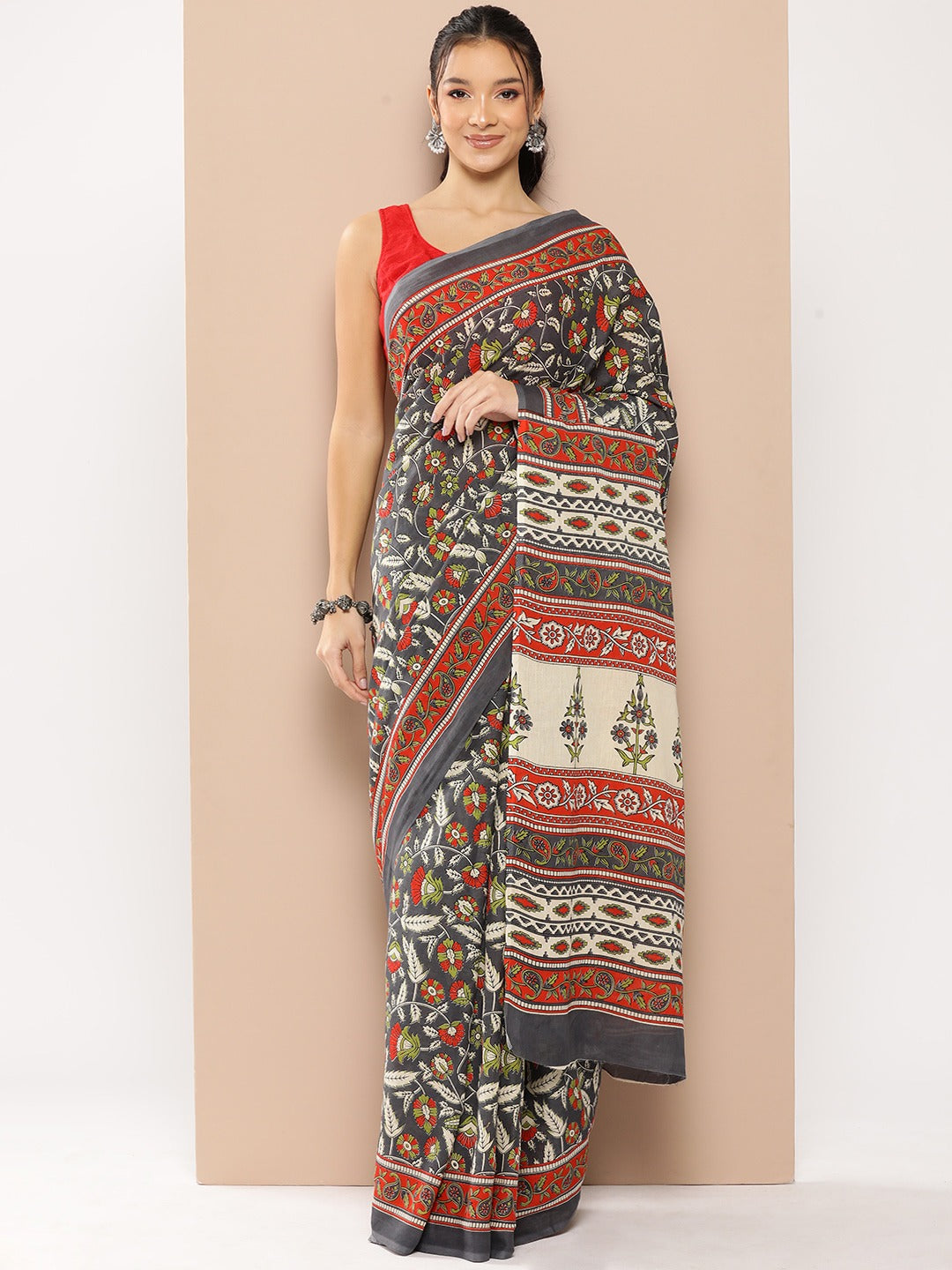 Yufta Grey Floral Mulmul Cotton Sarees With Unstitched Blouse - Distacart