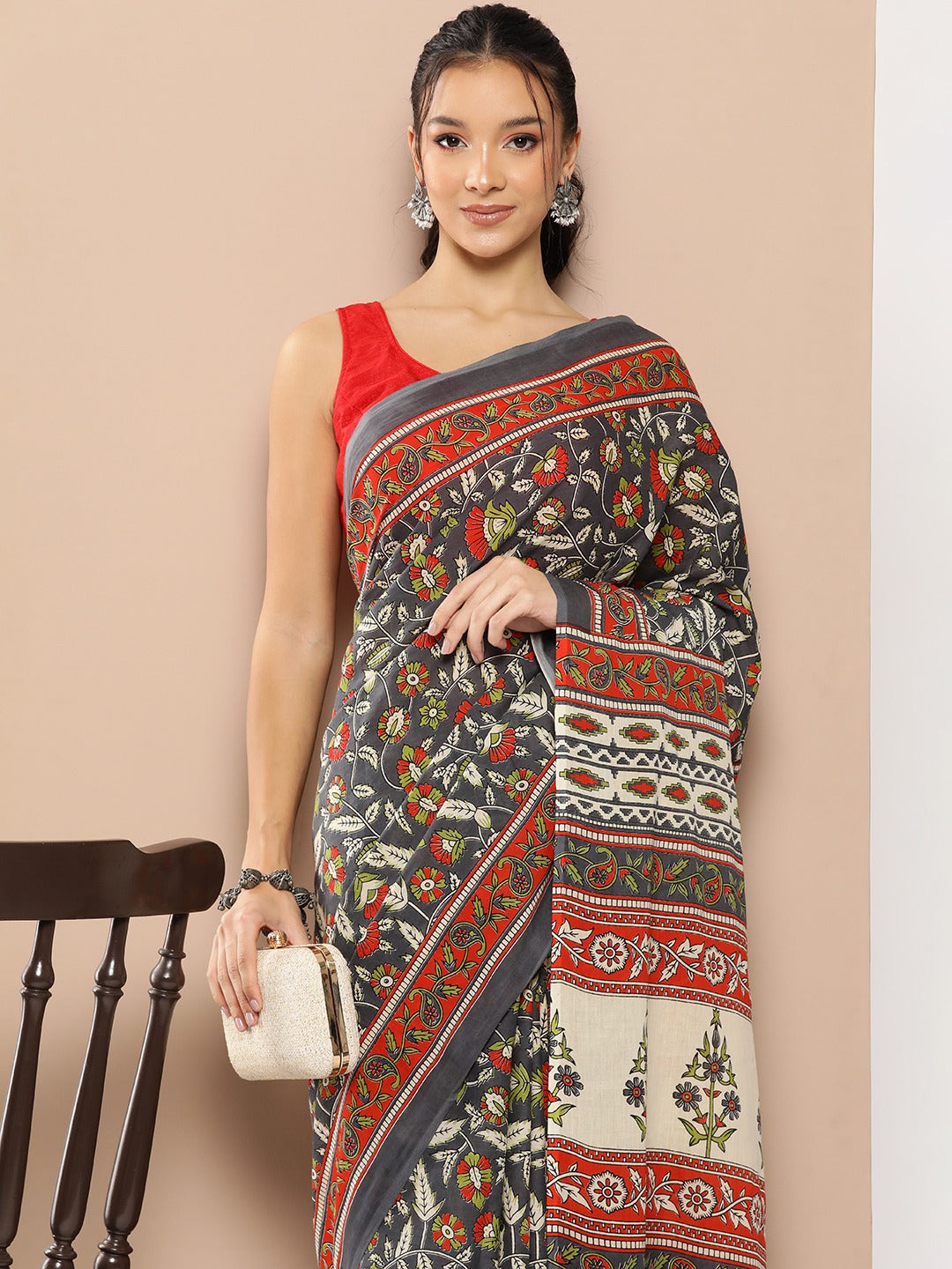 Yufta Grey Floral Mulmul Cotton Sarees With Unstitched Blouse - Distacart