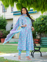 Thumbnail for Yufta Blue Floral Print Anarkali Kurta Trouser And Dupatta Set
