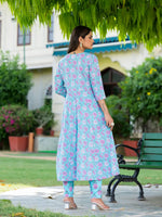 Thumbnail for Yufta Blue Floral Print Anarkali Kurta Trouser And Dupatta Set