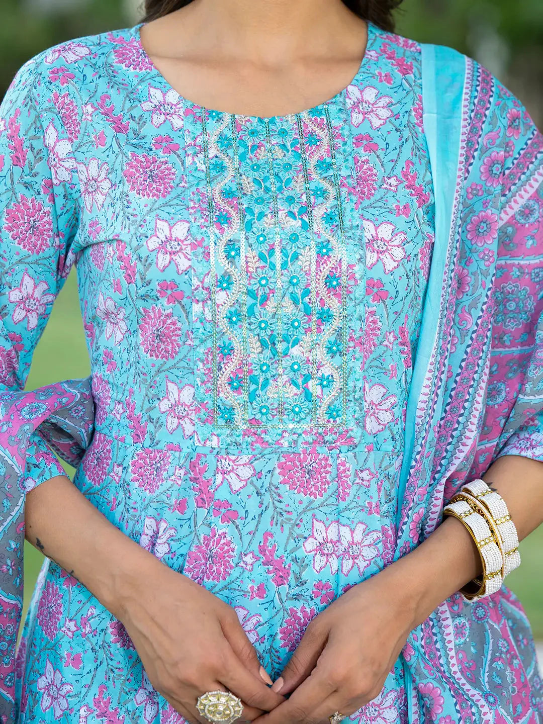 Yufta Blue Floral Print Anarkali Kurta Trouser And Dupatta Set