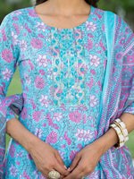 Thumbnail for Yufta Blue Floral Print Anarkali Kurta Trouser And Dupatta Set