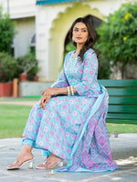 Thumbnail for Yufta Blue Floral Print Anarkali Kurta Trouser And Dupatta Set
