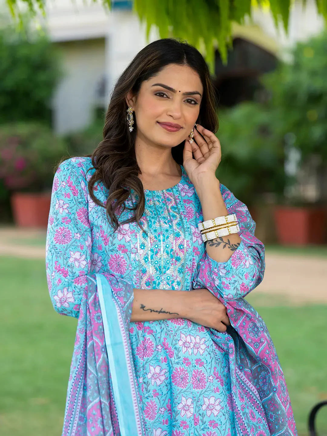 Yufta Blue Floral Print Anarkali Kurta Trouser And Dupatta Set