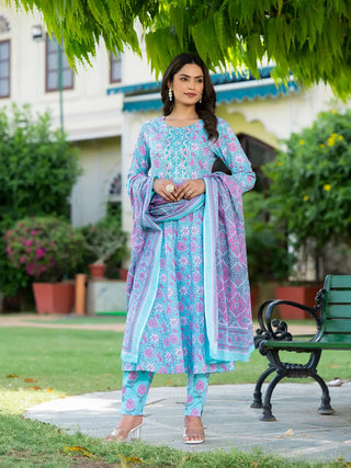 Yufta Blue Floral Print Anarkali Kurta Trouser And Dupatta Set - Distacart