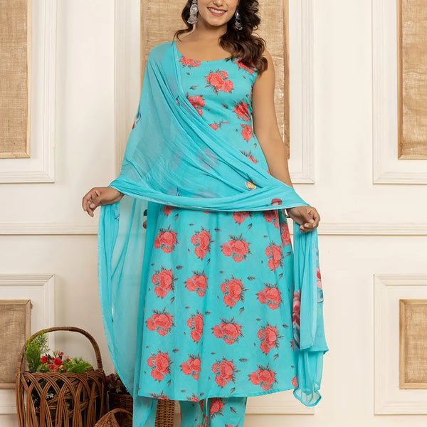 Yufta Blue Floral Print Cotton A-Line Style Kurta And Trousers With Dupatta Set - Distacart