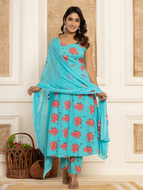 Yufta Blue Floral Print Cotton A-Line Style Kurta And Trousers With Dupatta Set