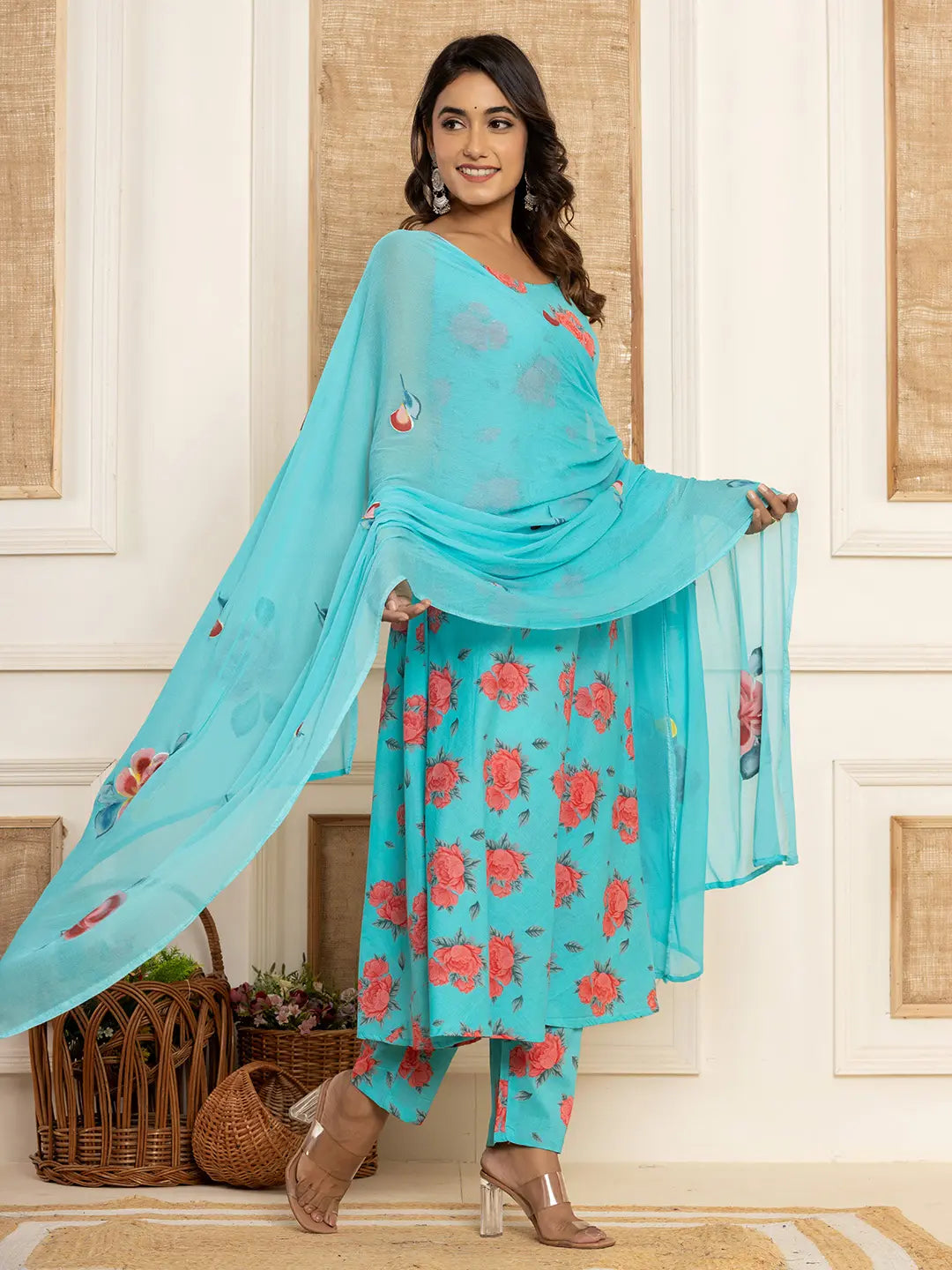 Yufta Blue Floral Print Cotton A-Line Style Kurta And Trousers With Dupatta Set - Distacart