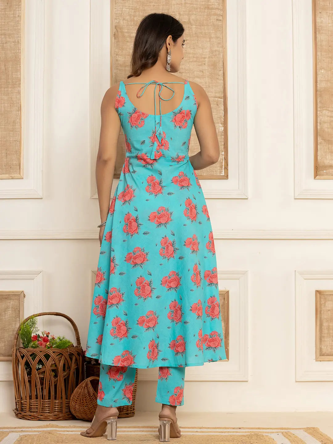 Yufta Blue Floral Print Cotton A-Line Style Kurta And Trousers With Dupatta Set
