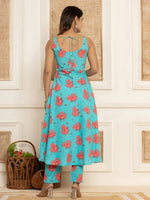 Thumbnail for Yufta Blue Floral Print Cotton A-Line Style Kurta And Trousers With Dupatta Set