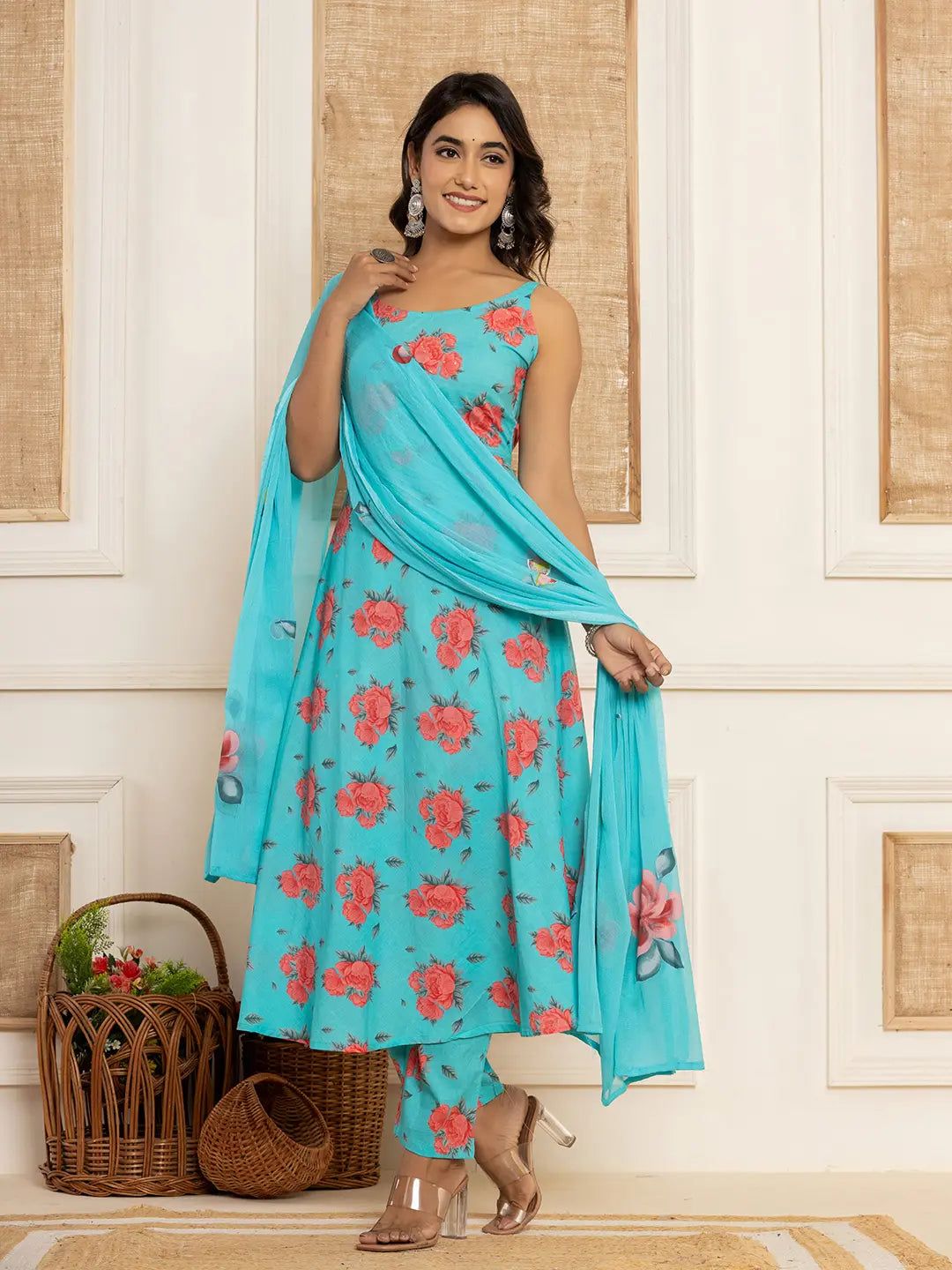 Yufta Blue Floral Print Cotton A-Line Style Kurta And Trousers With Dupatta Set