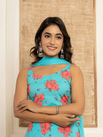 Thumbnail for Yufta Blue Floral Print Cotton A-Line Style Kurta And Trousers With Dupatta Set