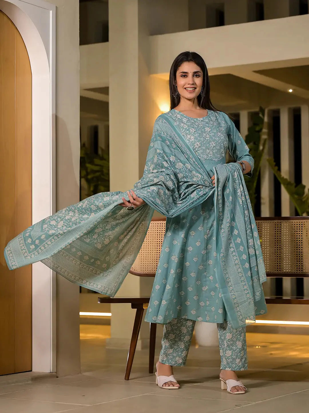 Yufta Blue Floral Print Cotton Anarkali Style Kurta With Trousers With Dupatta Set - Distacart