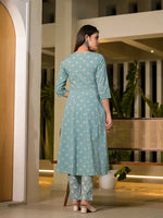 Thumbnail for Yufta Blue Floral Print Cotton Anarkali Style Kurta With Trousers With Dupatta Set - Distacart