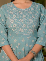 Thumbnail for Yufta Blue Floral Print Cotton Anarkali Style Kurta With Trousers With Dupatta Set - Distacart