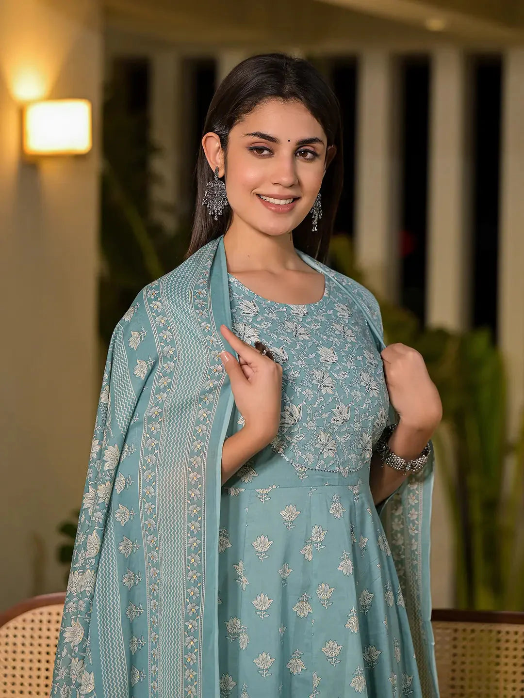 Yufta Blue Floral Print Cotton Anarkali Style Kurta With Trousers With Dupatta Set - Distacart