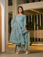 Thumbnail for Yufta Blue Floral Print Cotton Anarkali Style Kurta With Trousers With Dupatta Set - Distacart