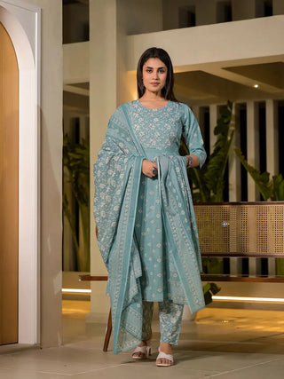 Yufta Blue Floral Print Cotton Anarkali Style Kurta With Trousers With Dupatta Set - Distacart