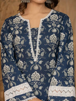 Thumbnail for Yufta Blue Floral Print Pakistani Style Kurta Trouser And Dupatta Set