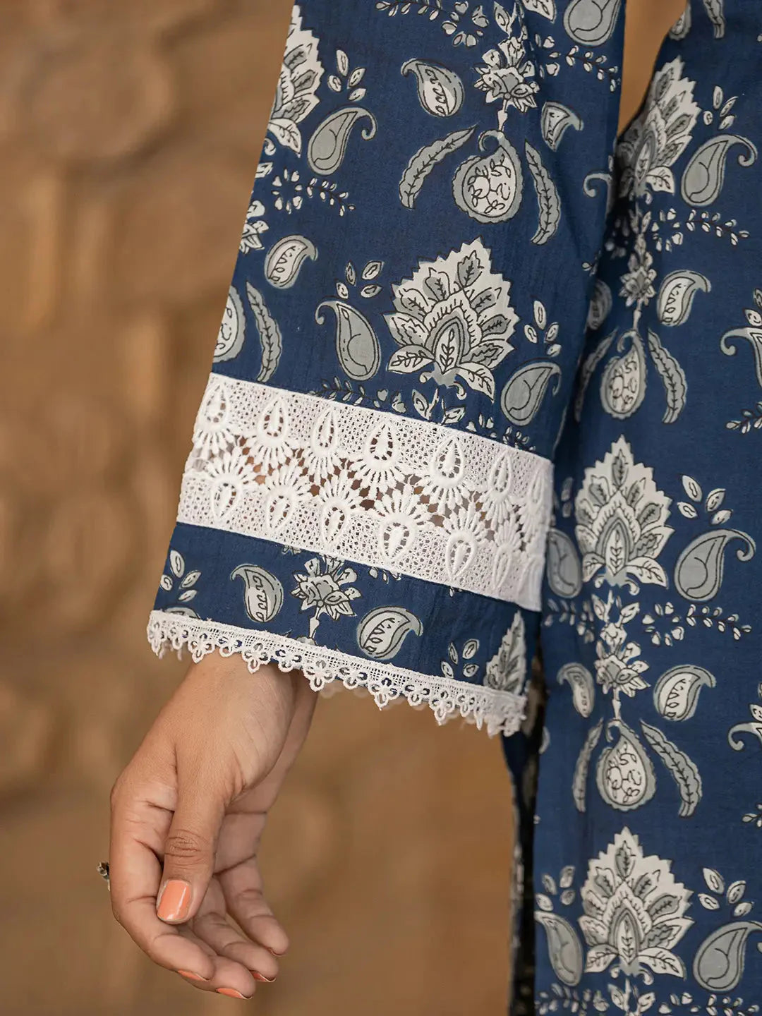 Yufta Blue Floral Print Pakistani Style Kurta Trouser And Dupatta Set