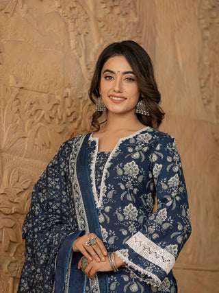 Yufta Blue Floral Print Pakistani Style Kurta Trouser And Dupatta Set - Distacart