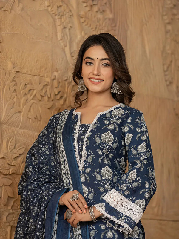 Yufta Blue Floral Print Pakistani Style Kurta Trouser And Dupatta Set