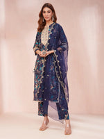 Thumbnail for Yufta Blue Floral Print Sequins_Work Straight Kurta Trouser And Dupatta Set - Distacart