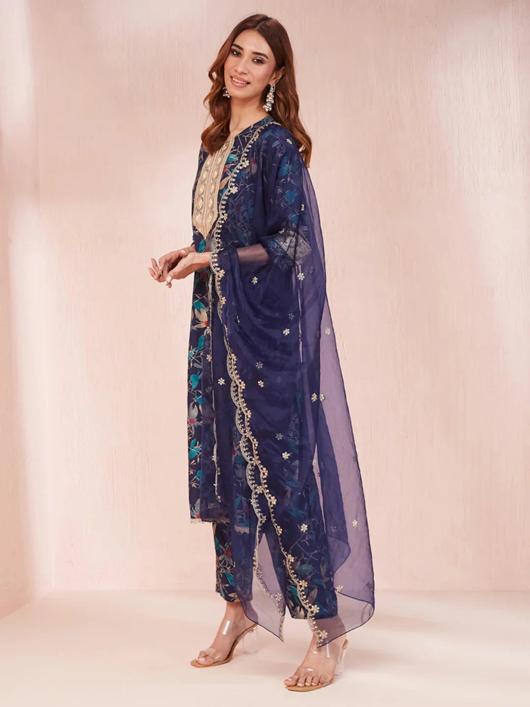 Yufta Blue Floral Print Sequins_Work Straight Kurta Trouser And Dupatta Set - Distacart