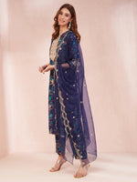 Thumbnail for Yufta Blue Floral Print Sequins_Work Straight Kurta Trouser And Dupatta Set - Distacart