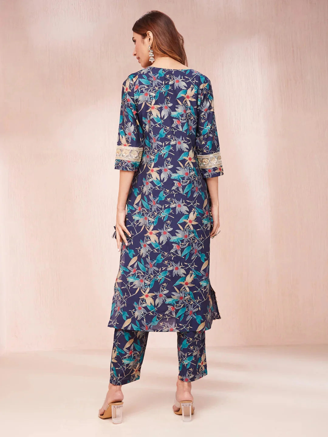 Yufta Blue Floral Print Sequins_Work Straight Kurta Trouser And Dupatta Set - Distacart