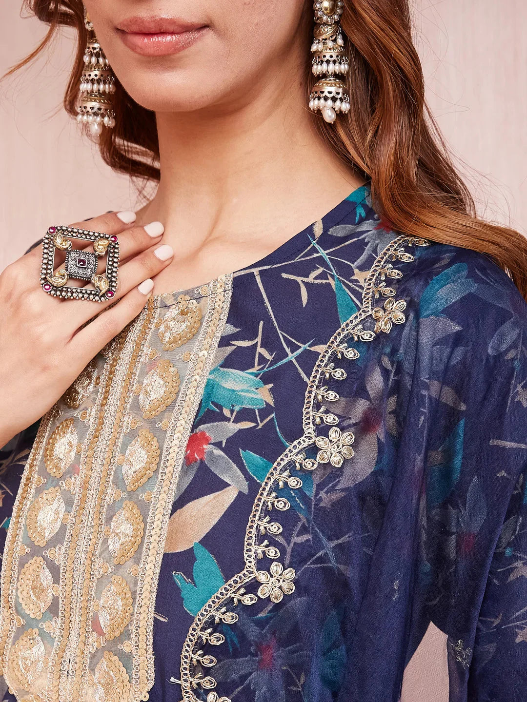 Yufta Blue Floral Print Sequins_Work Straight Kurta Trouser And Dupatta Set - Distacart