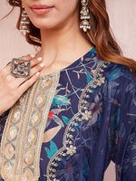 Thumbnail for Yufta Blue Floral Print Sequins_Work Straight Kurta Trouser And Dupatta Set - Distacart