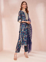 Thumbnail for Yufta Blue Floral Print Sequins_Work Straight Kurta Trouser And Dupatta Set - Distacart