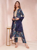 Thumbnail for Yufta Blue Floral Print Sequins_Work Straight Kurta Trouser And Dupatta Set - Distacart