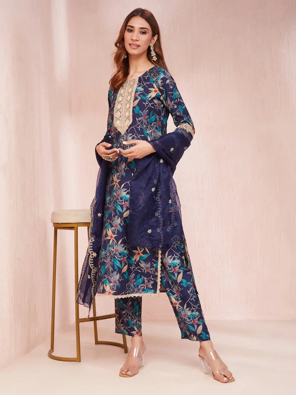 Yufta Blue Floral Print Sequins_Work Straight Kurta Trouser And Dupatta Set - Distacart