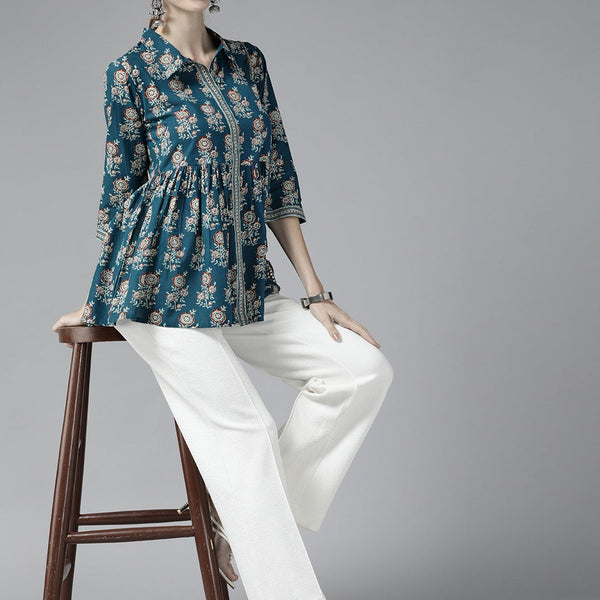 Yufta Blue Floral Print Top - Distacart